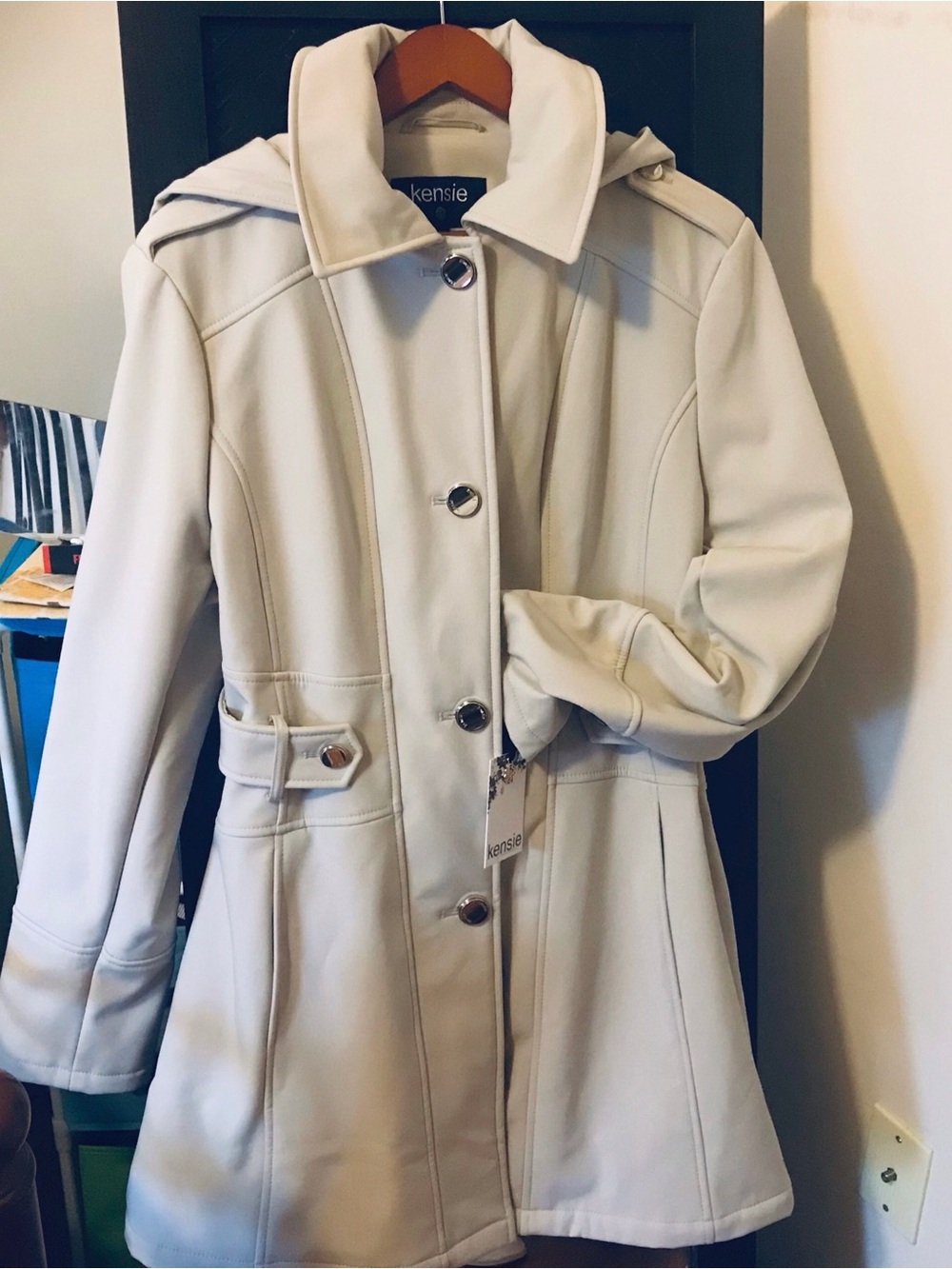 kensie Cream Hooded Mid-Length Trench Coat